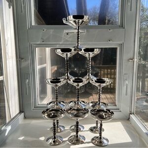 12 Ornate Silver-Plated Mid-Century-Modern Champagne Coupes with Decorative Stem